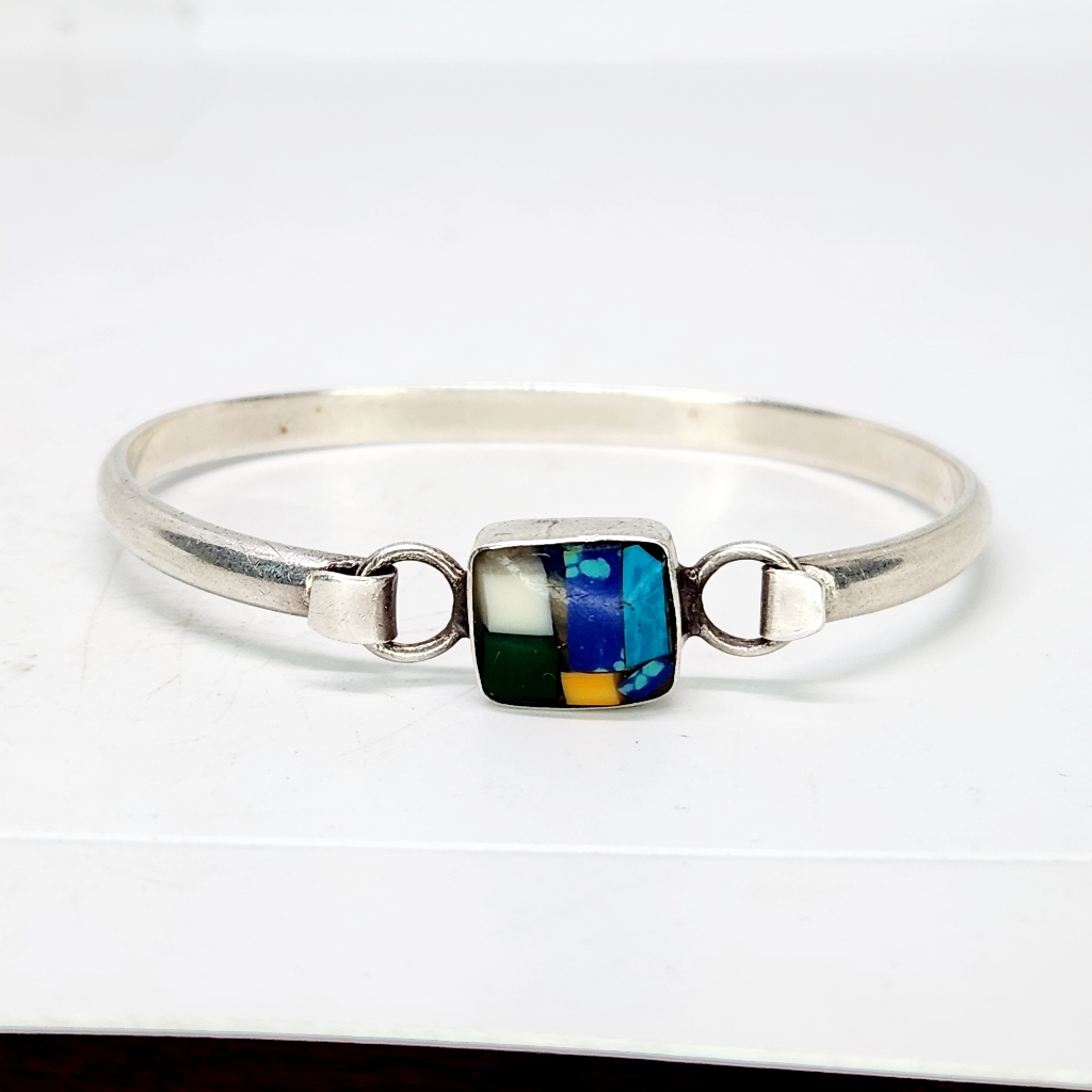 Vintage Taxco Sterling Silver Multi Stone Inlay Bangle Bracelet Mexico Rare